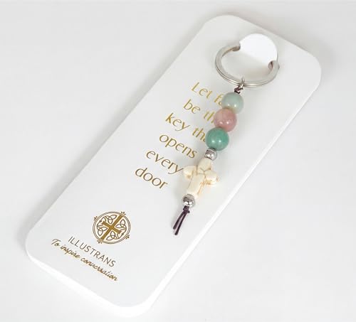 Christian Cross Keychain - Natural Stone Beaded Faith Gift for Baptism, Confirmation or Christmas - color: Multi Colour