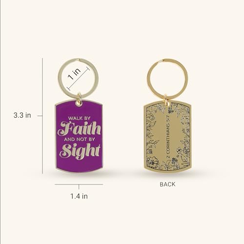 Christian Art Gifts Novelty Scripture Keychains for Women: Large Rectangular Medallion Engraved Keyrings, Multicolor Designs - color: Walk By Faith/Purple & Gold