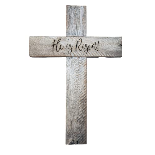 Rockin' Wood Rustic Reclaimed Wood Cross, wall decor handmade in the USA, rustic Christian Home Decor, cross wall decor (He is Risen Script, Large) - color: He is Risen Script