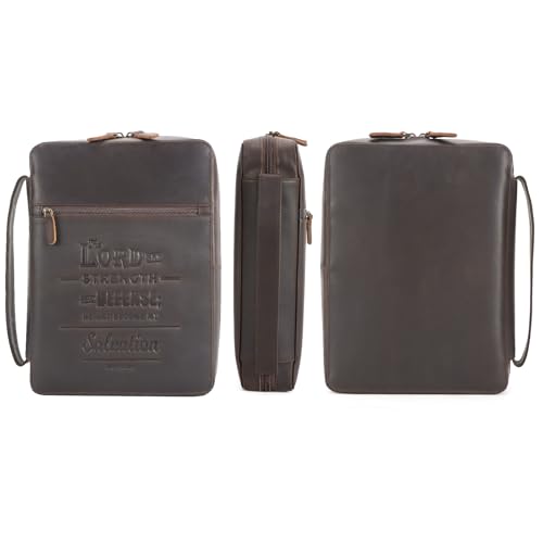Polare Full Grain Cowhide Leather Bible Cover Church Bag Bible Protective Book Holder Carrying Case Folder Organizer Portfolio (Dark Brown(Lord is My Strength & Defense)) - style: Dark Brown(Lord is My Strength & Defense)