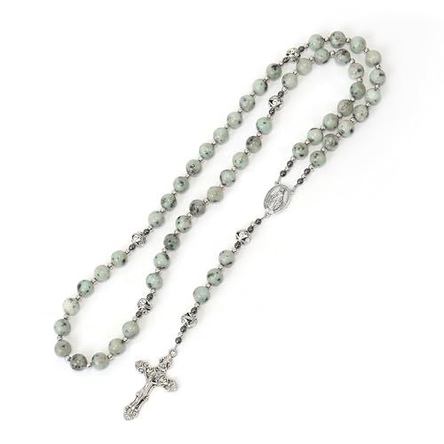 Nazareth Store Genuine Rosary Stone Beads Necklace Metal Beaded Glory Beads Miraculous Medal & Silver Cross Crucifix For Men and Womens - color: Dalmation Jasper
