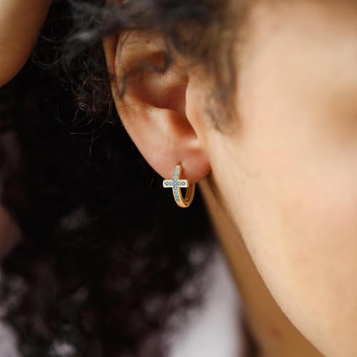 LOYATA Gold Cross Earrings for Women-14K Gold Plated Small Hoop Huggie Earrings Dainty Trendy CZ Cross Hoop Earring Cute Hypoallergenic Hoops Jewelry Gifts for Women Mothers Day Gifts for Mom - color: Turquoise