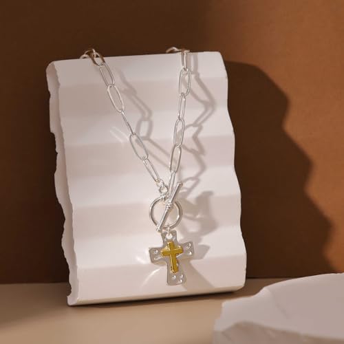 Chunky Cross Necklace for Women, 14K Gold Plated/Silver Statement Cross Pendant Necklace Simple Chunky Charm Necklace Big Gold Necklaces for Women Trendy Faith Jewelry Gifts - color: Chunky Cross SL