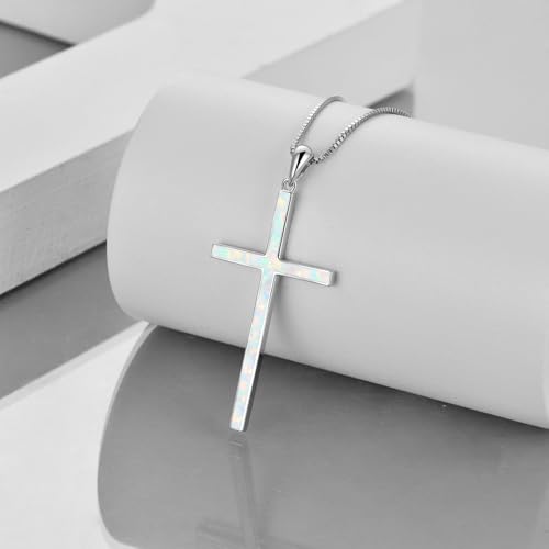 POPLYKE Cross Necklace 925 Sterling Silver Philippians 4:13 I Can Do All The Things Inspirational Necklace Gifts for Women Men 20+2'' - color: White Opal