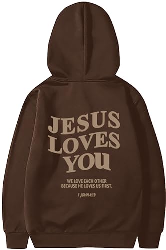 Jesus Loves You Hoodie Christian Faith Tops Religious Sweatshirt God Bible Verse Cross Graphic Pullover - color: Brown, size: Medium