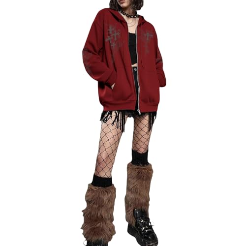 Zip Up Hoodies Y2k Jacket Graphic Gothic Jackets Grunge Cross Hoodie Baggy Streetwear Emo Sweater Aesthetic Clothes - color: Wine Red, size: Small