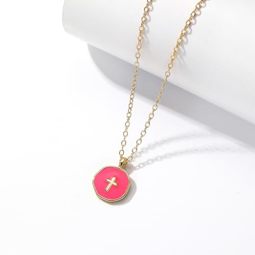Cute Small Cross Necklace for Teen Girls - color: Hot Pink Cross