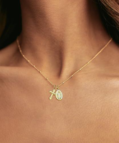 NIXMAX Small Cross Necklace for Women, 14K Gold Silver Plated Pendant - color: Gold-Virgin Mary with Cross