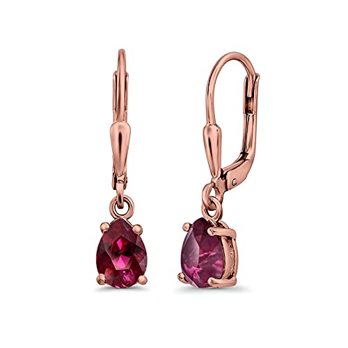 Teardrop Bridal Dangling Leverback Earrings Pear Cubic Zirconia 925 Sterling Silver - color: Rose Tone, Simulated Ruby CZ