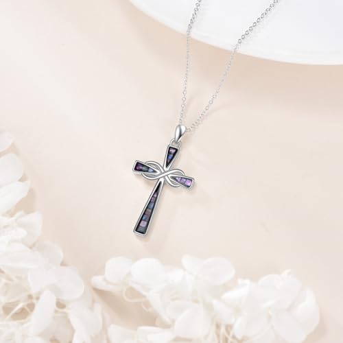 Infinity Cross Necklace S925 Sterling Silver Turquoise/Wooden/Opal/Abalone Cross Pendant Necklaces Christian Jewelry Gifts For Women - style: Abalone Cross-2