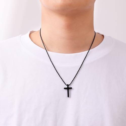 Fiusem Cross Necklace for Men, 2.5mm Rope Chain with Pendant - size: 18 Inch, style: Small black cross: 1.2" * 0.73"