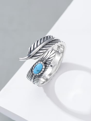 Dorunmo Adjustable Open Rings 925 Sterling Silver Cute Animal Rings for Women Vintage Jewelry Gifts - style: Feather Turquoise