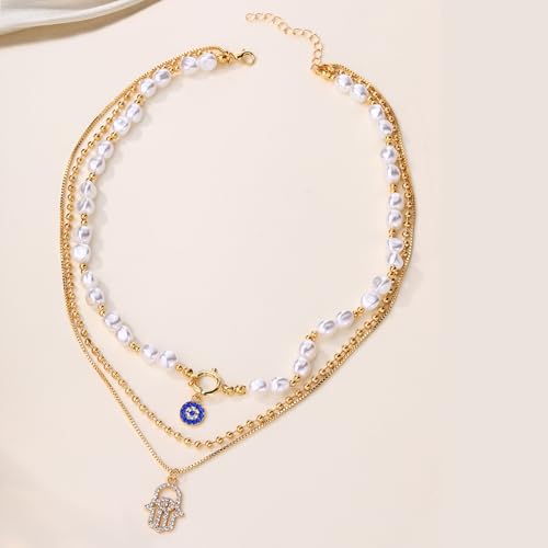 Clover Necklace Dainty Hollow 4 Leaf Choker Necklaces Tiny Cute Pendant Necklaces for Women 18K Gold Plated Lucky Four Leaf Pendant Jewelry - style: 3 layer-eye hand