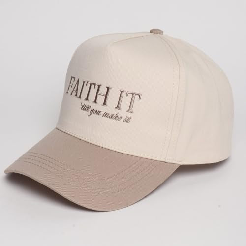 MIRMARU Christian Theme Embroidered 5 Panel Cotton Trucker Hat Snapback Cap for Men and Women - color: Faith It, Beige