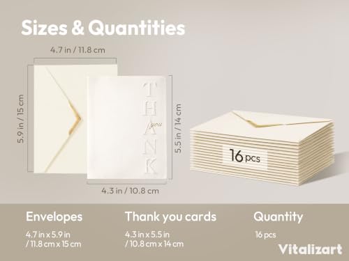 Vitalizart Debossed Thank You Cards with Envelopes 16 Pack 4.3" x 5.5" - color: White Card White Envelope, size: 16 pcs