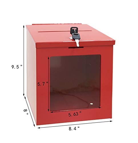FixtureDisplays® 8.4"W x 9.5"H x 8"D Red Tithing Donation Box Suggestion Fundraising Check Drop Box Metal with See-Through Clear Window 10038-RED-NPF