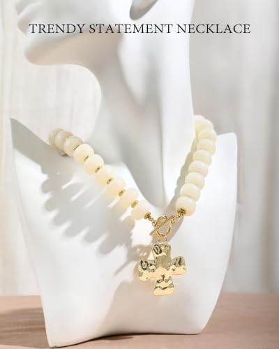 ZHESHY Chunky Beaded Necklaces for Women Heart Cross Statement Necklace - color: White 1