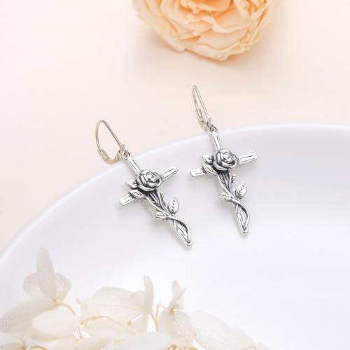 925 Sterling Silver Filigree Dangle Drop Leverback Teardrop Earrings - color: Rose Cross
