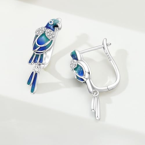 925 Sterling Silver Drop & Dangle Earrings for Women,Butterfly Dragonfly and Bee|Flower and leaf Earrings, Suitable for Sensitive Ears Fashion Jewelry Gift- Hypoallergenic Earrings - color: Blue green parrot