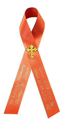 Personalized Memorial Service Funeral Ribbon Pins 20 Cross Religious Celebration of Life Custom Made Awareness Remembrance Anniversary Death Cross Sympathy Name Angel - color: Orange