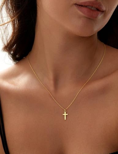 MILACOLATO 925 Sterling Silver Cross Necklace for Women, 14K Gold Plated Small Cross Pendant Choker Necklace, Dainty Hammered Cross Christian Baptism Religious Jewelry Gifts - color: 14K Gold Plated