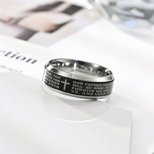 Fidget Spinner Lord's Prayer Ring Titanium Steel Christian Cross Bible Verse Ring, Anxiety Relief Religious Jewelry, Rotatable Prayer Fidget Accessory