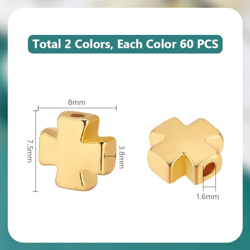 PH PandaHall 120PCS Easter Cross Beads, 2 Colors Antique Cross Holy Spacer Beads Charms Metal Loose Bead for DIY Craft Jewelry Making Handmade Bracelets, 8x7.5x3.8mm, Silver and Golden