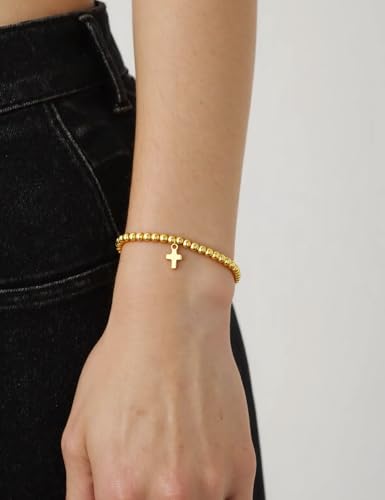 Glowave Cross Bracelet for Women, Adjustable Moonstone Gold Plated Copper Catholic Bracelet with Virgin Mary Medal, Rosary Style