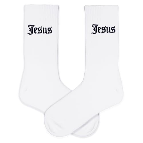 Christian Embroidered Crew Socks, Jesus Faith Religious Socks for Women and Men, Cross Scripture Novelty Gift Socks - color: Gothic Jesus White