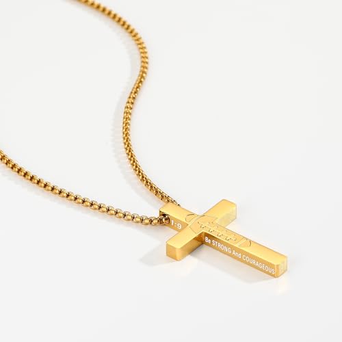 Football Game Day Cross Necklace for Boys Men, Stainless Steel Bible Verse Cross Pendant Chain Sports Gear Stuff Christian Religious Jewelry Gifts - color: Gold, style: Joshua 1:9