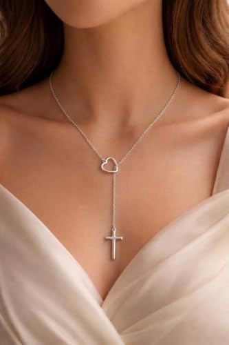 Christian Cross Necklace for Women, Unique Birthday Gifts for Women, Confirmation Baptism Gifts for Sister, Mom, Friends, Daughter in Christ Birthday Christmas - color: Heart-CROSS-SILVER-first communion