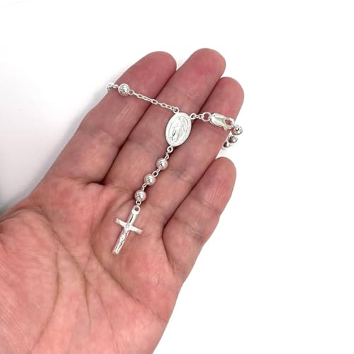 Ritastephens Sterling Silver Rosary 5mm Diamond-cut Bead Virgin Mary Dangle Cross Religious Bracelet 8"