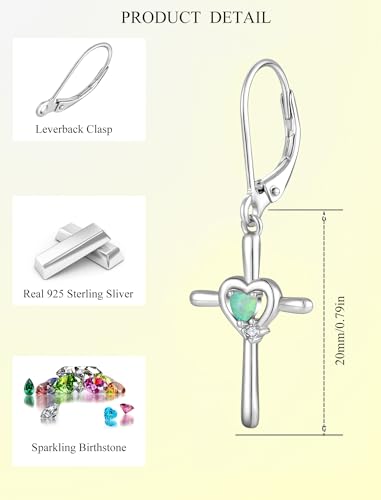 Cross Earrings 925 Sterling Silver Opal Crucifix Dangle Drop Earring Heart Birthstone Religious Jewelry for Women - color: Green Opal