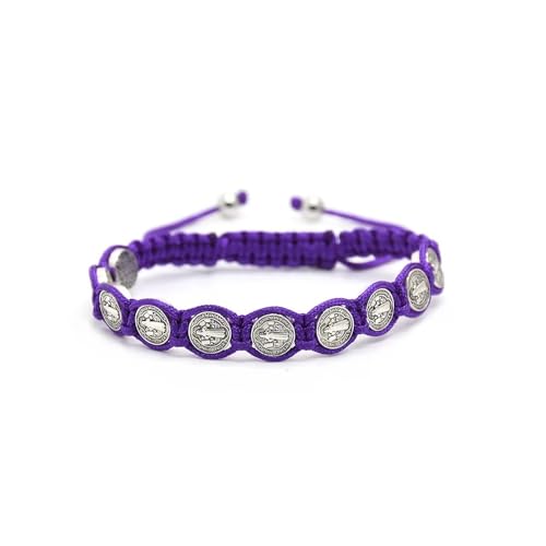 925 Sterling Silver San Benito Bracelet For Women And Men, Catholic Multicolor Bracelet St. Benedict Medal Hand Knitted Knot Coin Beaded Adjustable Religious Prayer Faith - color: Purple - San Benito Bracelet