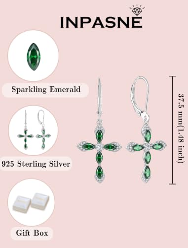 Birthstone Cross Earrings for Women 925 Sterling Silver - color: 05 May - Emerald