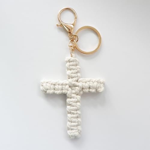 Pingyongchang Handmade Weave Cross Keychain Boho Macrame Jesus Christian Charm Keychain for Women Men - color: White