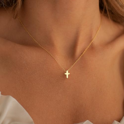 M MOOHAM Cross Necklace for Women Girls, Dainty 14K Gold Plated Cross Pendant Necklace Sideways Cross Choker Layered Necklaces for Women Girls - color: Tiny Cross Gold