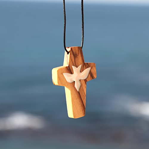 2 in Large Olive Wood Cross Necklace with White Dove, Christian Gift, Handcrafted Wooden Cross with Cotton Cord Ideal for Car Mirror. Faith Cross Pendant for the church & home, Certificate of Origin