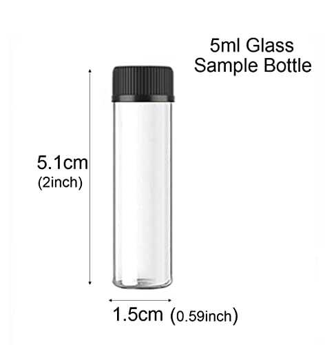 Elfenstall- 50pcs 5ml 1/6oz Vials Clear Glass Bottle with Orifice Reducer Black Caps Jars Portable For Travel Essential Oil Perfume Liquid Sampling Sample + Free 5pcs 3ml Dropper - color: Clear-50pcs