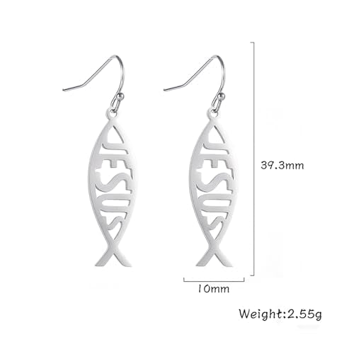 VASSAGO Jesus Fish Ichthys Faith Symbol Hook Necklace Hollow Out Design Stainless Steel Drop Dangle Earrings for Women (Set-Silver)