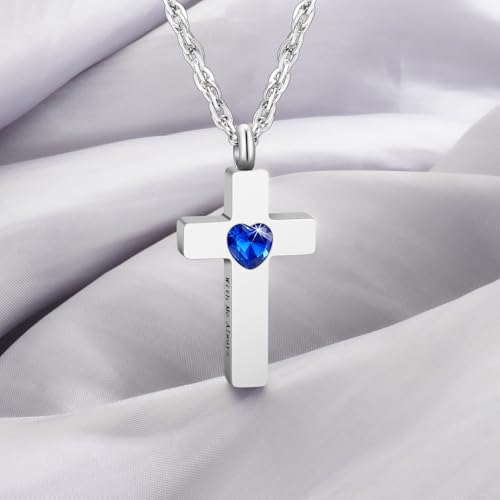 Cremation Cross Necklace for Ashes Stainless Steel Cross Urn Pendant Ashes Holder Memorial Jewelry-With Me Always - style: Blue Heart-engraving
