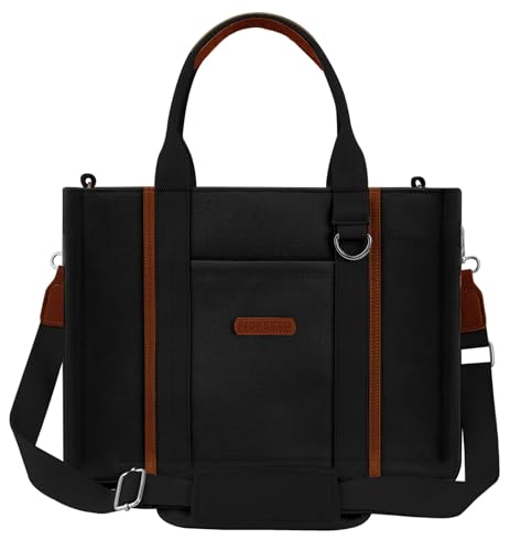 FIORETTO Women’s Canvas Tote Bag Purse with Zipper, Multi Compartment & Reinforced Bottom, Ideal for Work, Bible, Travel - color: Black, size: Large, style: Detachable Organizer