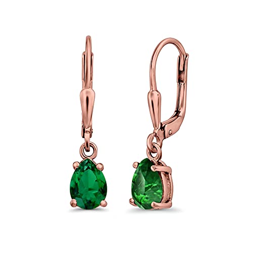 Teardrop Bridal Dangling Leverback Earrings Pear Cubic Zirconia 925 Sterling Silver - color: Rose Tone, Simulated Green Emerald CZ
