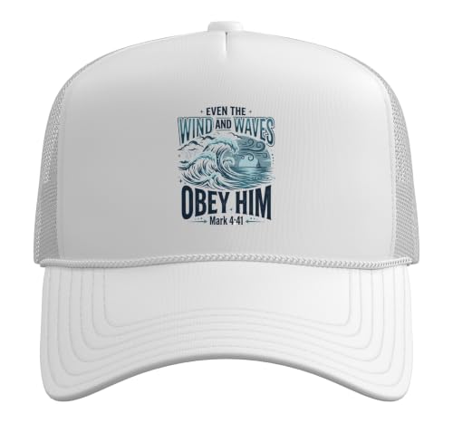 Christian Faith Bible Verse Jesus Wind and Waves Religious Trucker Hat with Adjustable Mesh Back - color: White