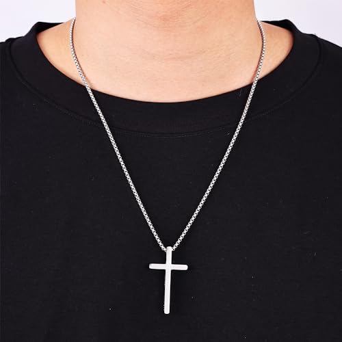 Fiusem Cross Necklace for Men, Stainless Steel Cross Pendant STXL023 - color: Silver, size: 22", style: MATTHEW 19:26