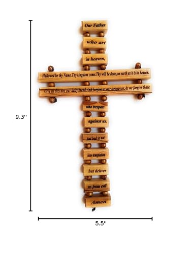 Olive Wood Large Wall Decor Cross (9 Inches) with Lord's Prayer (Our Father Prayer) in English from Bethlehem Holy Land - size: 9.3"L x 5.5"W