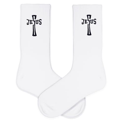 Christian Embroidered Crew Socks, Jesus Faith Religious Socks for Women and Men, Cross Scripture Novelty Gift Socks - color: Esus Cross Letter White
