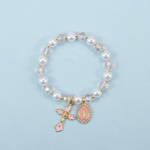 Stretchy Virgin Mary Bracelet with Cross Charm - Multi-Color Pearl Crystal Beaded Catholic Religious Jewelry for Women, Christian Gift for Baptism Confirmation First Communion - color: Pink