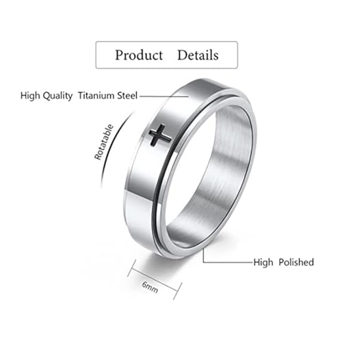 Minimalist Cross Stainless Steel Spinner Ring Anxiety Stress Relieving Rotating Fidget 6mm Band Rings for Men Women Christian Religious Relief Couple Cool Jewelry - color: silver 10