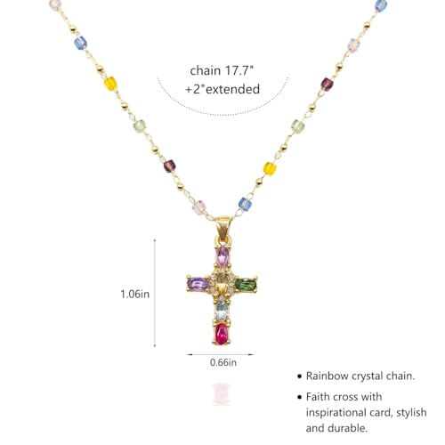 Rainbow Cross Necklace Choker for Women, Colorful Shiny Rhinestones Cubic Zirconia Charm Necklace Dainty Faith Cross Pendant Necklaces Faith Christian Costume Easter Jewelry Gift for Her